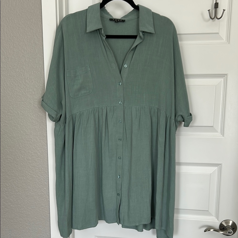 Green Button-Up Tunic Shirt Dress